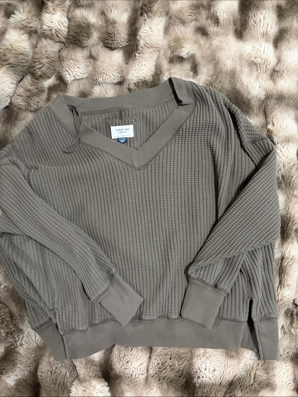 American Eagle Outfitters Olive Taupe V-Neck Waffle Knit Sweater